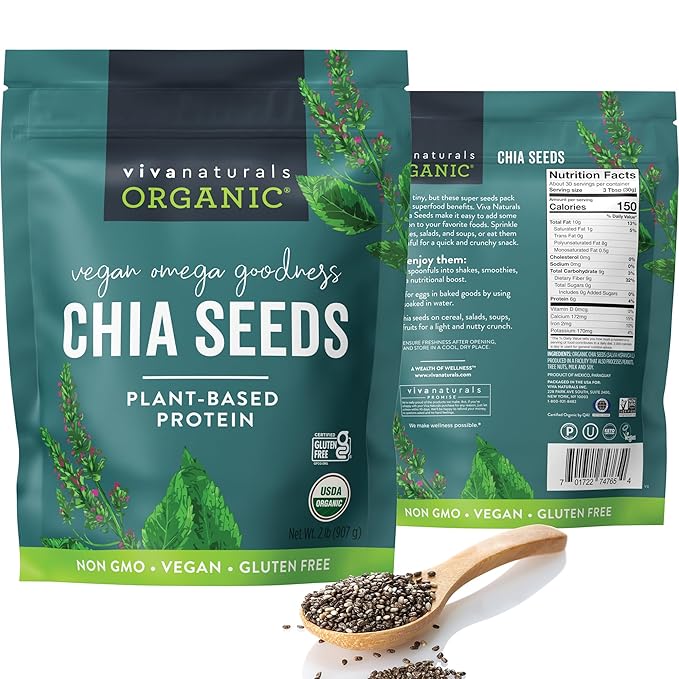 Viva Naturals Organic Chia Seeds, 2 lb (907 g) – Plant-Based Omega-3 and Vegan Protein, Gluten Free & Non-GMO, Perfect for Smoothies, Salads & Chia Pudding