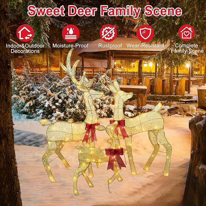 45" Light Up Outdoor 2D Christmas Reindeer Decor, Featuring Durable Metal Frame, Ground Stakes, Waterproof Snow-Resistant Design, Perfect for Vintage Christmas Home, Tree, and Garden Decoration, Gold