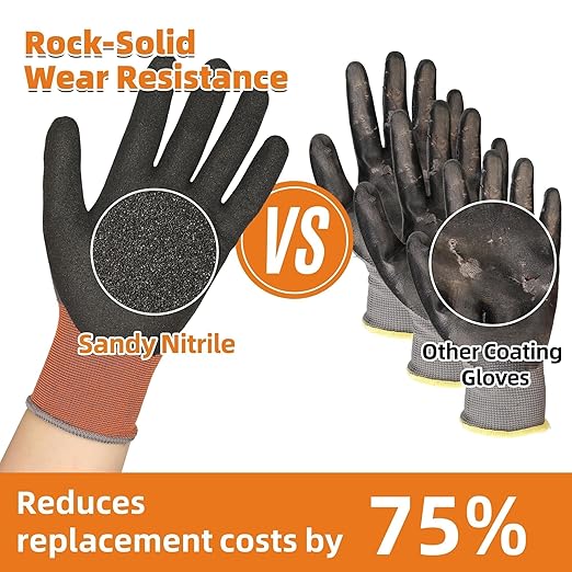 Schwer 6 Pairs Safety Work Gloves with Sandy Nitrile Coating LT5626, Max Abrasion Resistance Heavy Duty Gloves with Grip for Men and Women, Ideal for General Use, Mechanic, Construction, Gardening, XS
