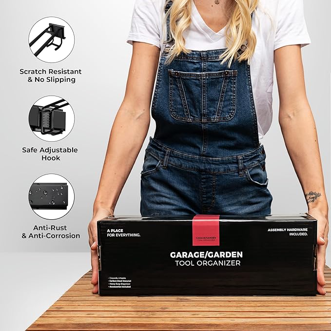 TIDYME Garage Tool Organizer Wall Mount - 96 inches - Sturdy Storage Rack with Adjustable Hooks, Anti-Rust - Easy Installation, 600lbs Capacity - Garden Tool Organizer (06 Racks & 12 Hooks)