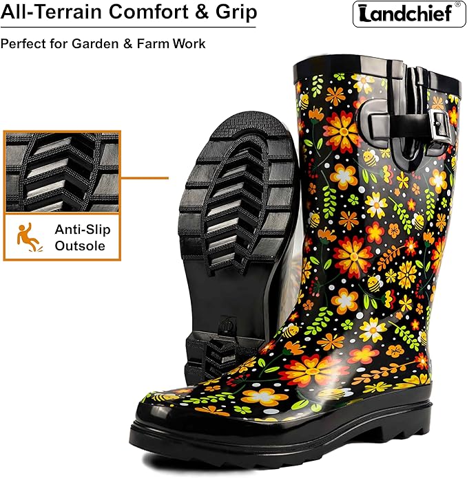 landchief Rain Boots for Women, Waterproof Ladies Tall Knee High Rubber boots,Comfort Garden Boots Anti-Slip Mid Heel Women Rain Shoes Outdoor