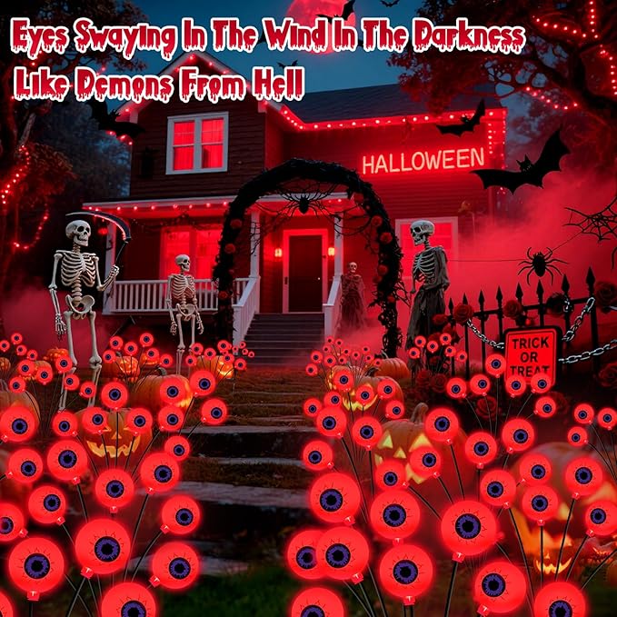 Halloween Decorations Outdoor, 6 Pack 36 LED Solar Scary Eyeball Swaying Lights, Red Solar Firefly Light Waterproof Outdoor Garden Lights for Halloween Yard Garden Party