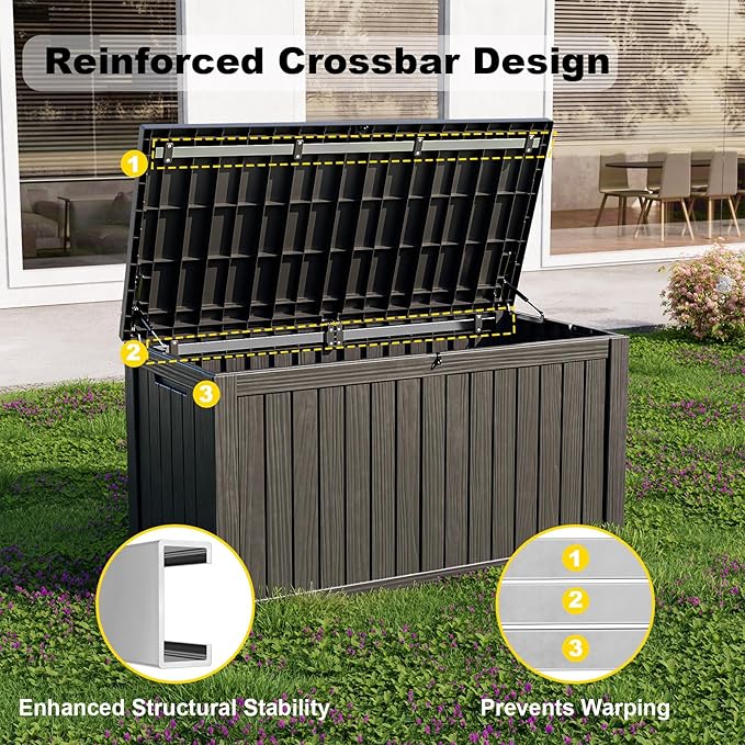 DRATO 180 Gallon Outdoor Storage Box, Large Waterproof Deck Box, Lockable Resin Storage Container with Reinforced Support for Patio Cushions, Garden Tools, UV-Resistant Outdoor Chest（Black）