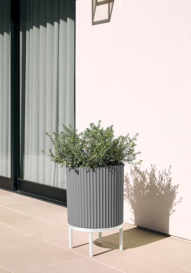 Veradek Demi Series Round Planter w/Stand for Porch/Patio | Durable Plastic-Stone Composite & Wooden Stand | Modern Décor for Tall Plants, Flowers