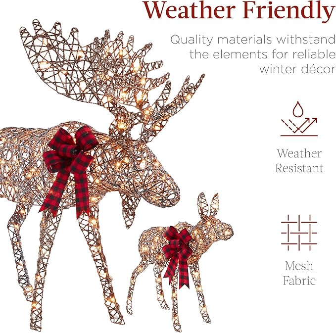 Best Choice Products 5ft 2-Piece Moose Family, Lighted Outdoor Christmas Yard Decoration, Light-Up Décor Set w/ 370 LED Lights, Zip Ties - Rattan