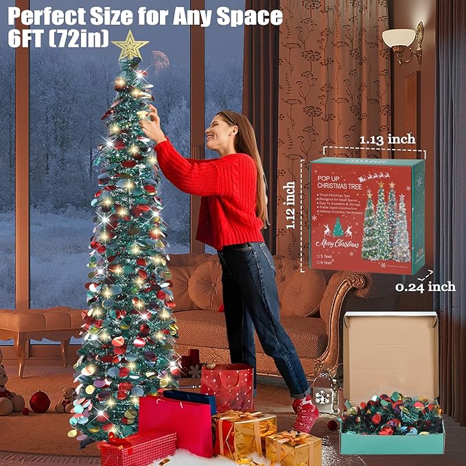 HMASYO 6 FT Pop Up Christmas Tree with 100 LED Lights & Remote, Green Christmas Tinsel Tree, Collapsible Artificial Pencil Tree for Home Office Party Decor, USB Powered Timer Lights, Easy Assembly