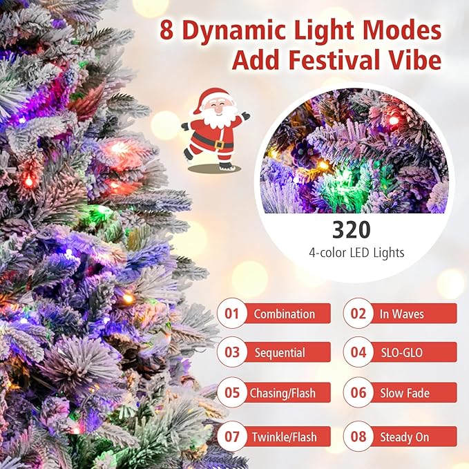 HAPPYGRILL 7 FT Pre-lit Artificial Christmas Tree, Snow-Flocked Xmas Tree with 320 Multi-Color LED Lights, 8 Lighting Modes, 1270 Branch Tips, Pine Needles, Hinged Tree for Home Office Party