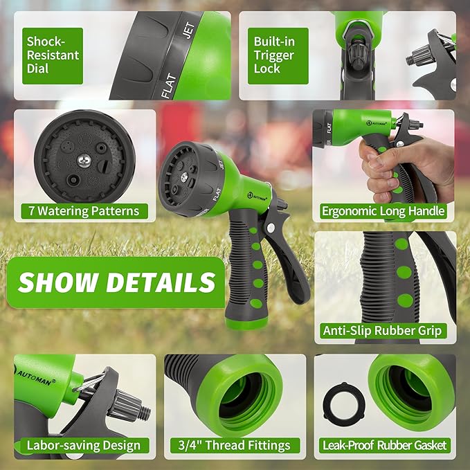 AUTOMAN-Garden-Hose-Nozzle,ABS Water Spray Nozzle with Heavy Duty 7 Adjustable Watering Patterns,Slip Resistant for Watering Plants,Lawn& Garden,Washing Cars,Cleaning,Showering Pets - Green