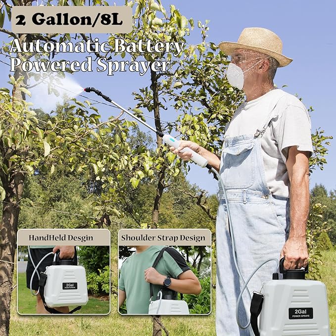 Battery Powered Sprayer 2 Gallon, Powerful Electric Garden Sprayer with 3 Mist Nozzles, USB Rechargeable Handle, Retractable Wand and Adjustable Shoulder Strap for Irrigation, Weeding (White)