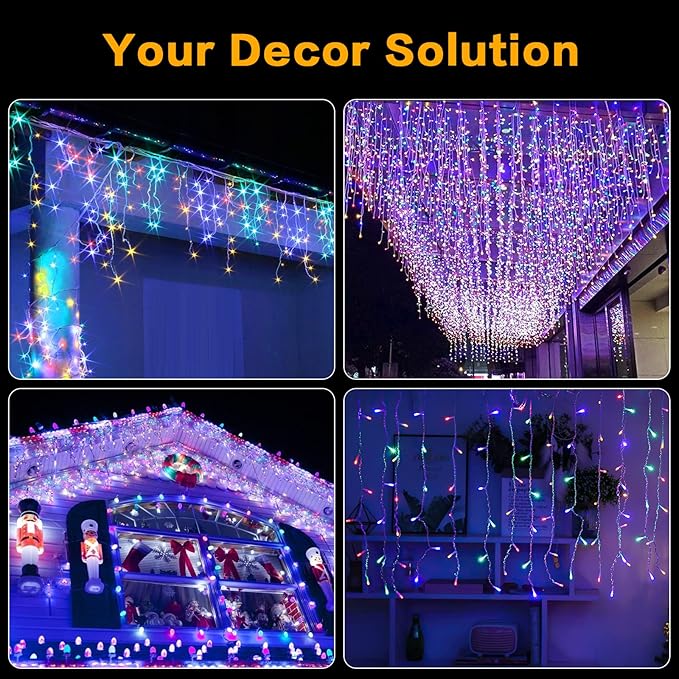 Techip Halloween Christmas Lights Outdoor, 33ft 400 LED Icicle Lights for Outside, Plug in Curtain String Lights Twinkle Tree Lights 8 Modes Waterproof for Patio Party Holiday Decorations Colorful