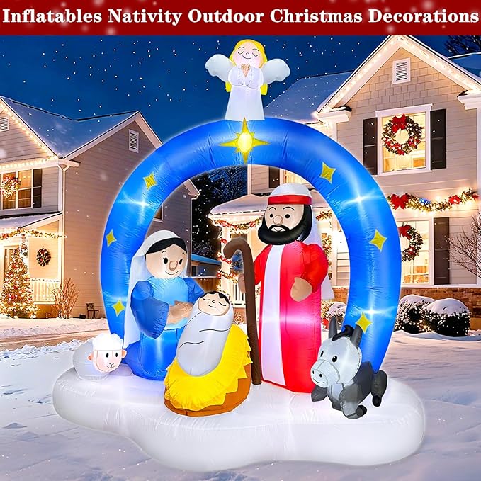 7 Ft Tall Christmas Inflatables Nativity Scene Outdoor Decorations, Light Up Christmas Blow Up Yard Decorations Birth of Jesus Nativity Sets for Xmas Garden Lawn Outside Large Party Decor