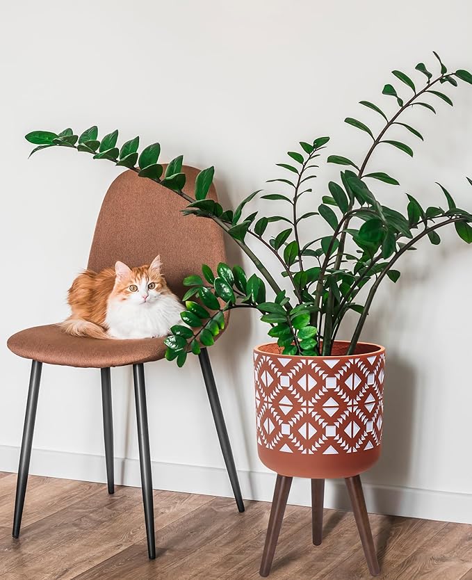 D'vine Dev 12 Inch Planter Pot with Stand, Mid-Century Tall Plant Pot with Legs for Indoor Plants, Pottery Red Terracotta/White, 88-G-C-5