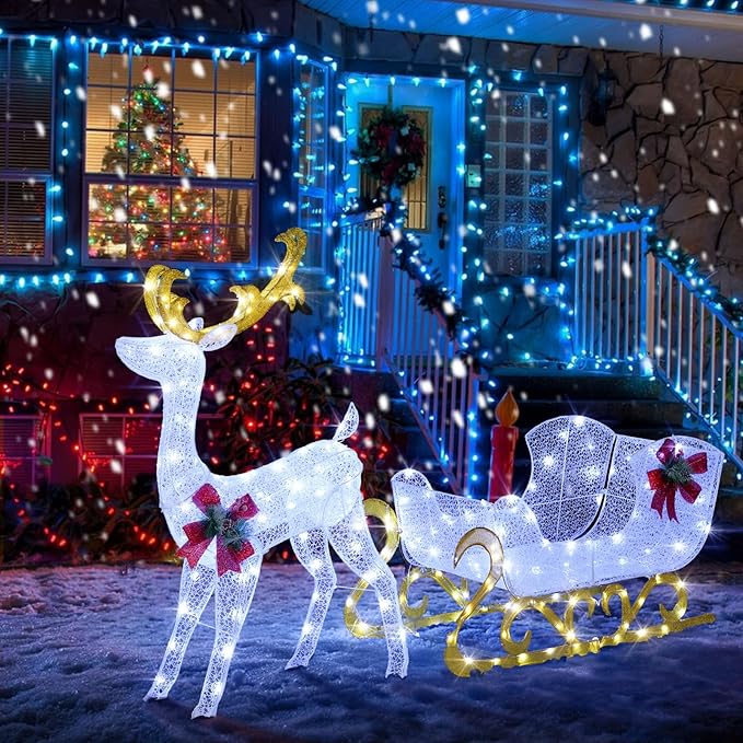 Tangkula 6 FT Christmas Lighted Reindeer & Santa’s Sleigh, Xmas Lighted Outdoor Yard Decoration with 215 LED Lights & 4 Ground Stakes, Artificial Christmas Décor for Indoor & Outdoor (Cold White)