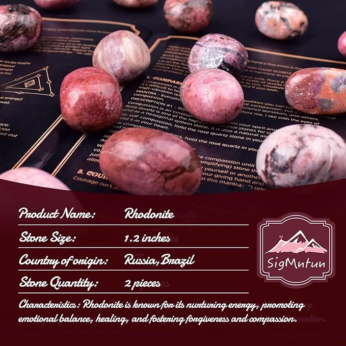 Polished Rhodonite Crystal Stones - 2 Pcs of 1.2" Worry Stone for Anxiety, Pocket Palm Stone Super Large Handpicked Natural Tumbled Gemstones for Meditation, Reiki, Chakra Healing, Home Decor