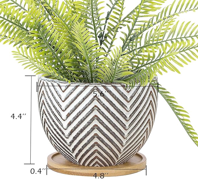 VanEnjoy 5.5 inch Large Round Bohemian Style Ceramic Planter, Geometry Engrave Off White Brown Succulent Planter Flower Pot, Indoor Outdoor Decorative Planter