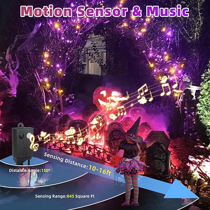 Chuya Halloween Light Decor Music Orange Purple Lights105FT 300 LED String Fairy Lights 6 Modes UL588 Waterproof Outdoor Indoor Decoration for Party Garden Christmas