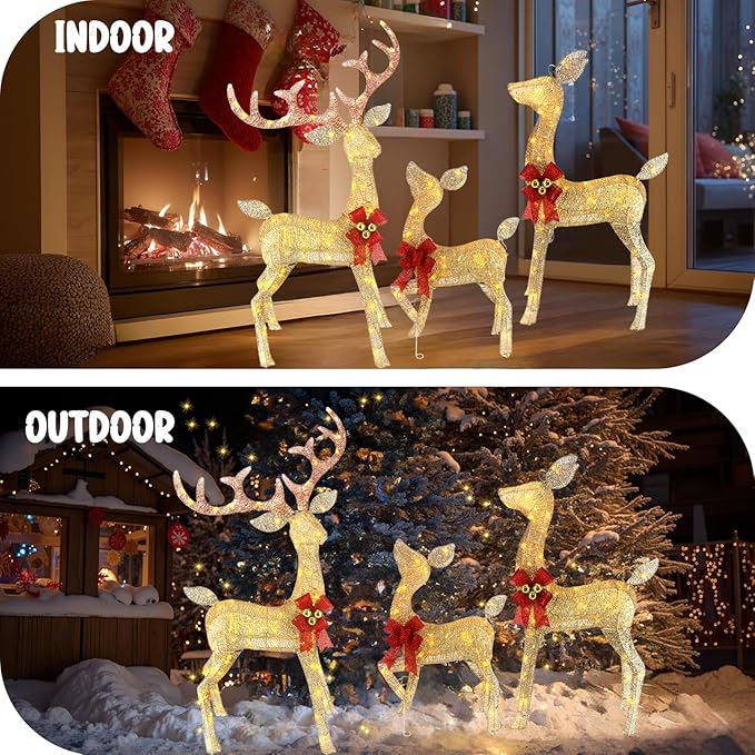 Outdoor Christmas Reindeer with Lights, 4ft Tall Set of 3 Deer with 240 LEDs, Ground Stakes, Perfect as Vintage Christmas Home Decor for Patio, Lawn, and Outdoor Party Decorations, Gold