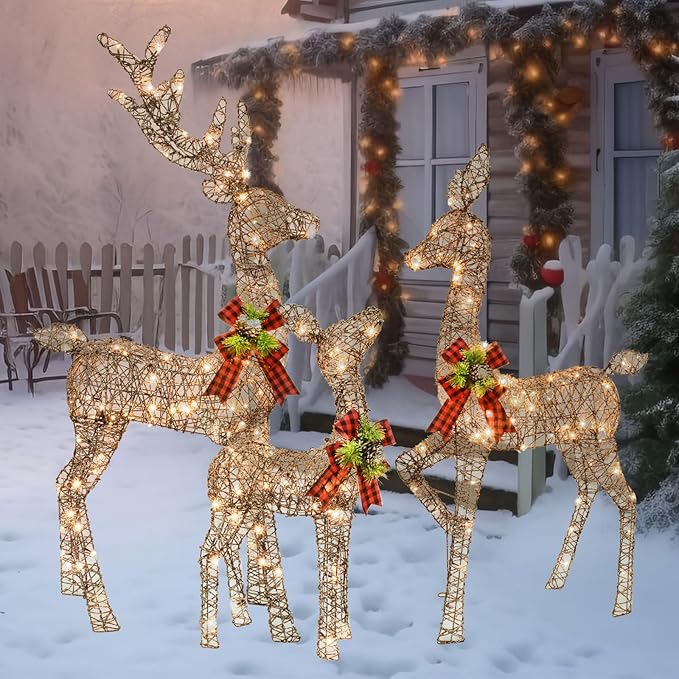 Christmas Decorations Outdoors Reindeer Family - Light up Christmas Decor Brown Deer 3 Piece with LED Lights, Extension Cord, Ground Stakes, for Outdoor Front Yard Porch - Brown