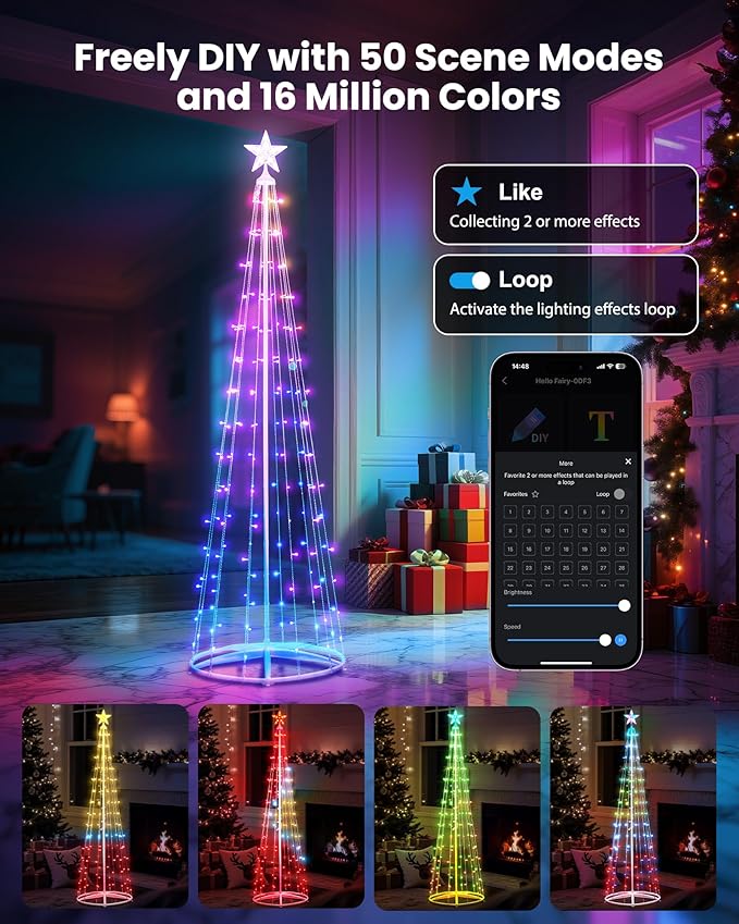 Brightown Smart Christmas Cone Tree LED Light, 8FT 191 LED Music Sync with Remote APP and Local Control, Pattern and Text Displayable, 16 Million Colors Light Show Tree for Indoor Outdoor Decorations