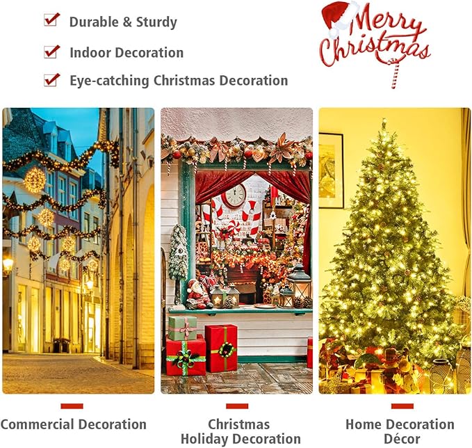 GOFLAME 7ft Artificial Pre-lit Christmas Tree with Warm White LED Lights and Pine Cones, Home Holiday Décor, Hinged, 925 Branches for Indoor Decoration Easy Setup