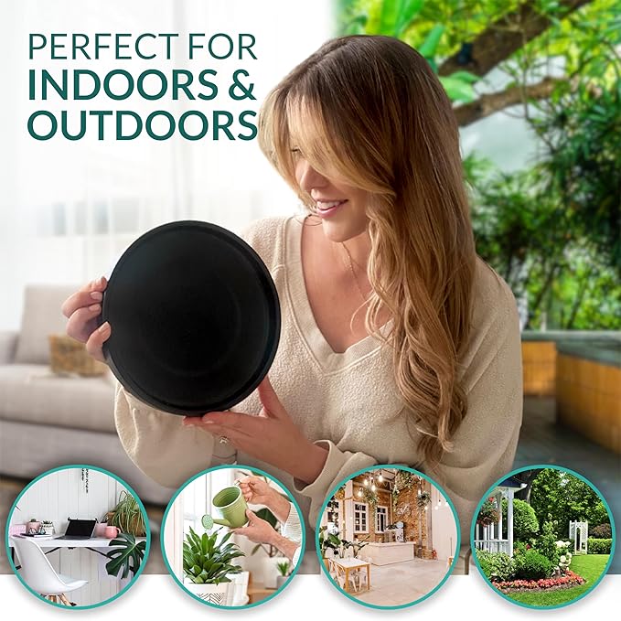 Heavy Duty Ceramic Black Plant Saucer - with Silicone Feet for Added Surface Protection - Scratch-Resistant Plant Drip Trays for Pots 8.3" at the Base or Less, Plant Plate, 7-8 Inch Plant Saucer