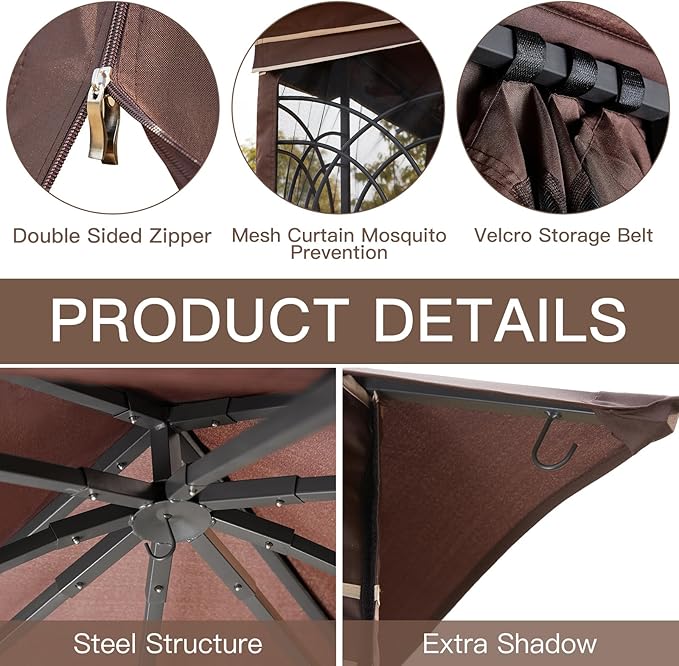 ECOTOUGE Outdoor Gazebo 10'x10', Heavy Duty Canopy Tent with Soft Double Roofs & Metal Corner Frame Shelves, Party Tent Shelter with Mosquito Netting for Patio, Deck, Backyard, Brown