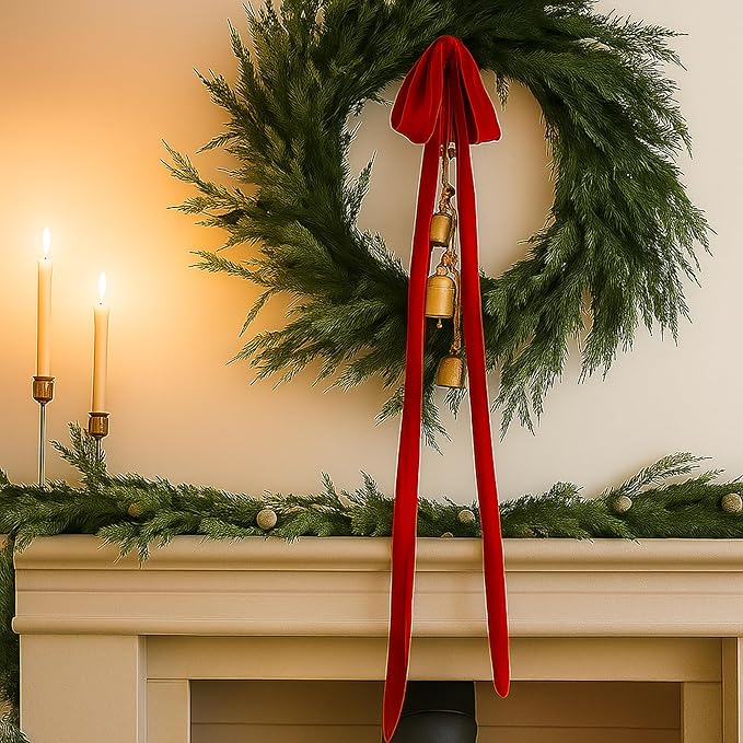 Janinka 6 Pcs Red Large Velvet Christmas Swag Bow 31.5 x 23.6 inch Vintage Christmas Ornament Rustic Velvet Staircase Wreath Bows Xmas Tree Topper Bows Large Bow for Outdoor