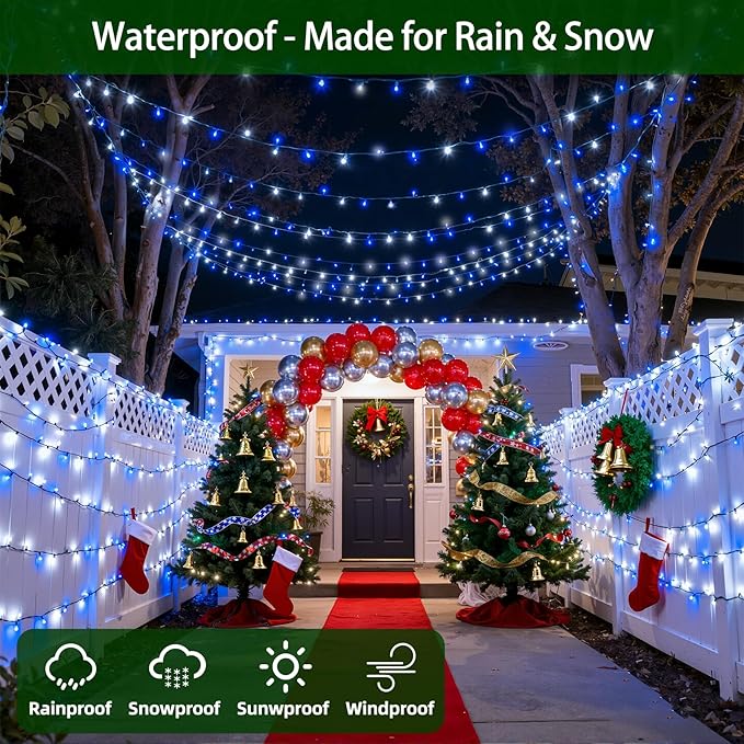 750 LED Chrstmas Lights, 240ft Outdoor Christmas String Lights with 12 Modes, Blue Cool White LED String Lights with Timer Dimmable Waterproof for Tree Fence Xmas Wedding Party Decor Blue & Cool White