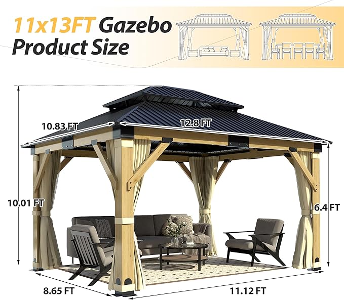11'x13' Wood Gazebo, Hardtop Cedar Gazebos with Double Roof Galvanized Steel Top, Outdoor Solid Wooden Pavilion with Curtain & Netting for Garden, Patio, Deck, Backyard