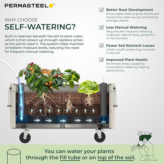 Permasteel Self-Watering Garden Bed, Rolling Planter for Vegetables, Flowers, Herbs, and Fruit, Outdoor Indoor, Caster Wheels, Ivory