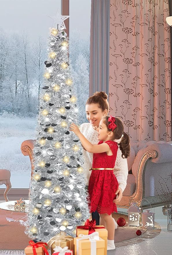 HMASYO 5 FT Pop Up Christmas Tree with Timer Lights, Silver Christmas Tinsel Tree, Collapsible Artificial Pencil Christmas Tree for Indoor Home Apartment Porch Holiday Party Decorations