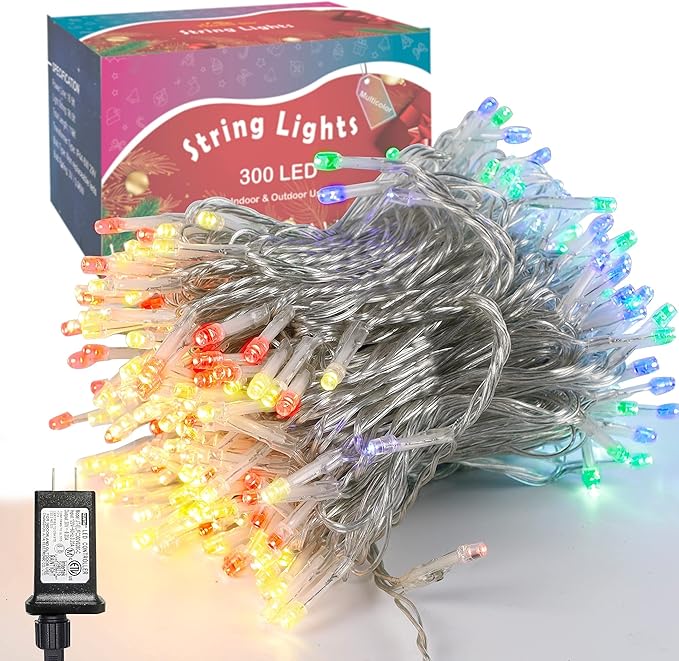 LJLNION 300 LED String Lights Outdoor Indoor, Extra Long 98.5FT Christmas Lights, 8 Lighting Modes, Plug in Waterproof Fairy Lights for Wedding Party Bedroom Decorations (Multicolor)
