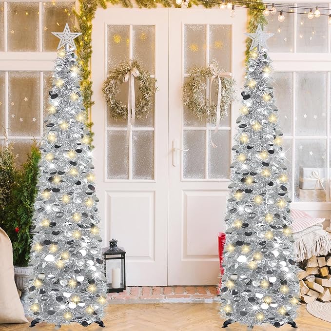 HMASYO 5 FT Pop Up Christmas Tree with Timer Lights, Silver Christmas Tinsel Tree, Collapsible Artificial Pencil Christmas Tree for Indoor Home Apartment Porch Holiday Party Decorations