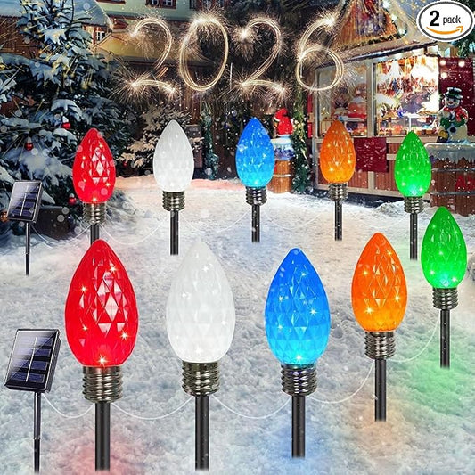 IDEAALS 10 Pack Jumbo Multicolor Solar C9 Christmas Lights Outdoor，LED Solar Pathway Lights Waterproof, Strawberry Light Christmas Decorations Outdoor for Walkway Party Patio Garden Lawn Yard Decor