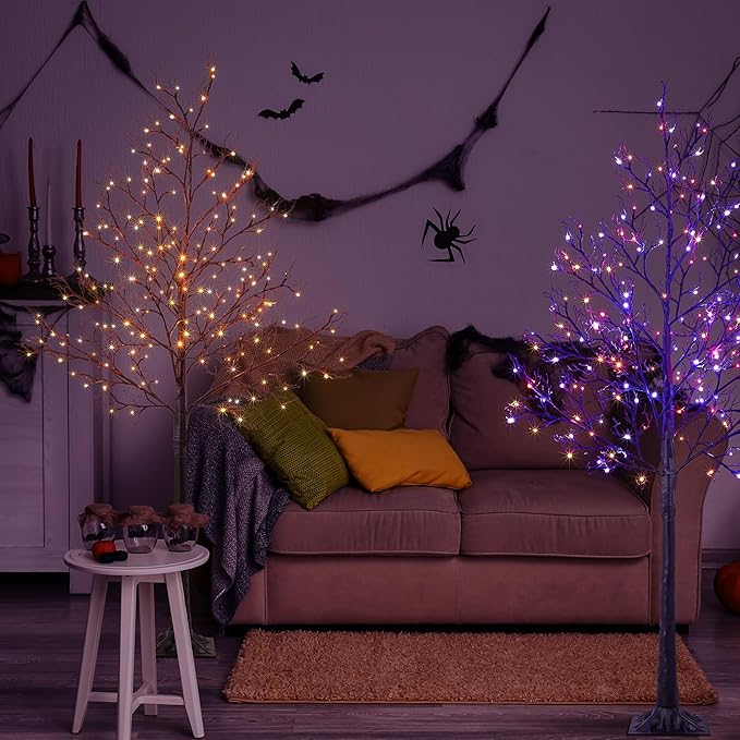 LIGHTSHARE 6FT Halloween Willow Tree 200 LED Lights Artificial Black Spooky Tree for Home, Festival, Nativity, Party, Indoor and Outdoor Use (Orange & Purple, 6FT)