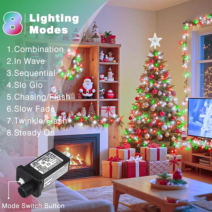 100FT 300 LED Christmas Lights Outdoor, Plug in Christmas String Lights Indoor, Waterproof & 8 Modes & Timer Function, Connectable Fairy Twinkle Light for Bedroom Patio Wedding Decor, Red White Green