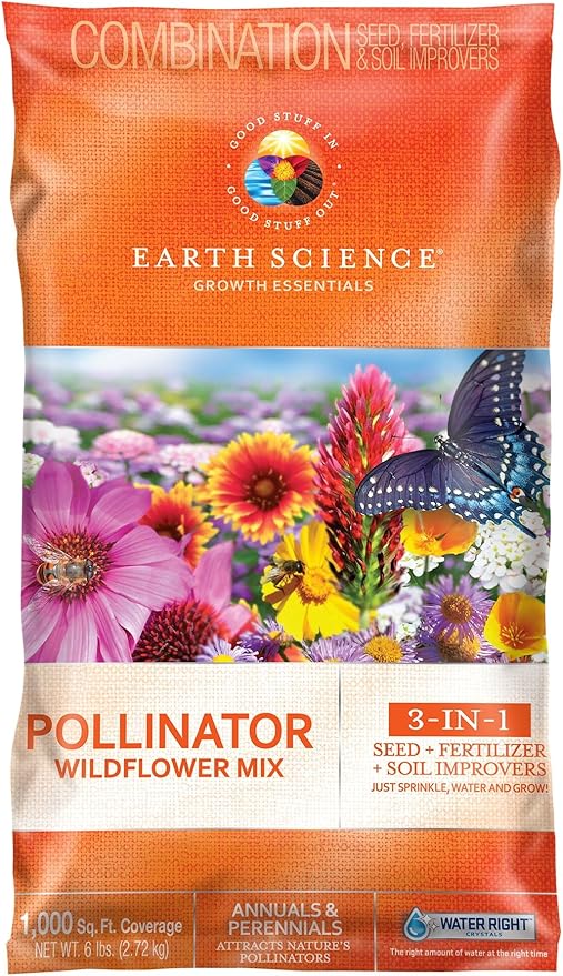 Earth Science Wildflower Pollinator Mix— 6 lb—3-in-1 Mix with Premium Wildflower Seed, Plant Food and Soil Conditioners, Non-GMO, for Bees, Hummingbirds, Butterflies, Pollinators