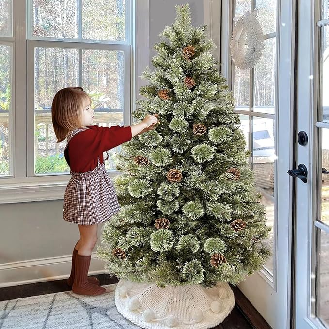 4.5 Ft Full Christmas Tree with Warm White&Color Lights, Frosted Smoky Pine,Pine Cones, 150 LEDs, Timer, Small Xmas Tree Decoration for Home, Tabletop, Office, Indoor, Outdoor, Metal Hinges Stand