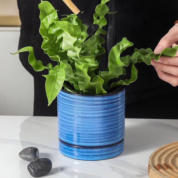 Hasense Ceramic Plant Pots, 4.6 Inch Succulent Flower Pots for Indoor Plants, Modern Glaze Planter with Drainage Hole and Saucer, Blue Mini Windowsill Tabletop Decor, Set of 4