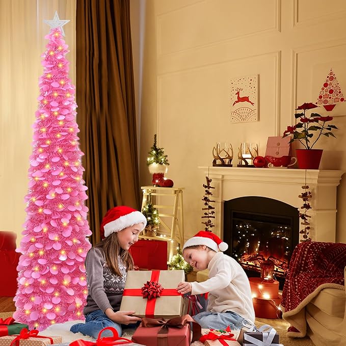 HMASYO 6 FT Pop Up Christmas Tree with 100 LED Lights & Remote, Hot Pink Christmas Tinsel Tree, Collapsible Artificial Pencil Tree for Home Office Party Decor, USB Powered Timer Lights, Easy Assembly