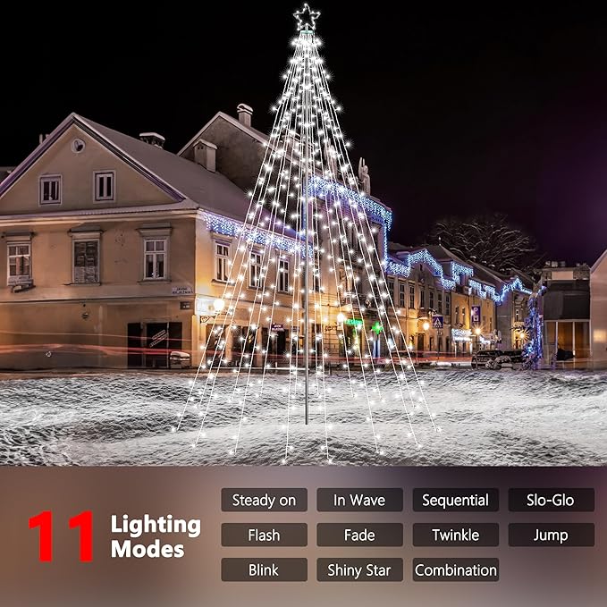 Lomotech Christmas Tree Lights - 10Ft 404 LED with 7.08" Topper, Remote Controll Waterproof Iron Pole Waterfall Lights for Outdoor Christmas Decorations (White)