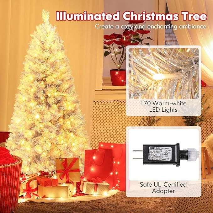 Goplus 5ft Pre-Lit Silver Tinsel Christmas Tree, Artificial Xmas Tree with 385 Branch Tips, 170 Warm White LED Lights, Upgraded Metal Stand, for Home Office Decor