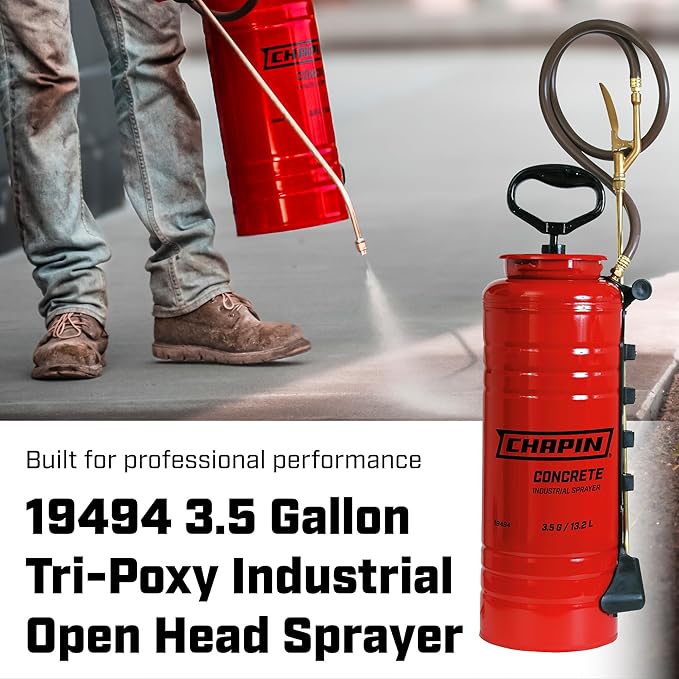 Chapin 19494 Made in USA 3.5 Gallon Tri-Poxy Industrial Open Head Sprayer for Professional Concrete Applications, Form Oils, Construction with All Brass Components, 3.5 gallons, Red