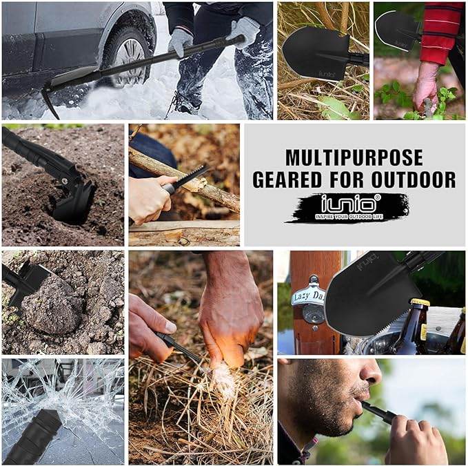 iunio Camping Shovel,Shovel Folding, Portable, Multitool, Foldable Entrenching Tool, Collapsible Spade, for Backpacking, Trenching, Hiking, Survival, Car Emergency