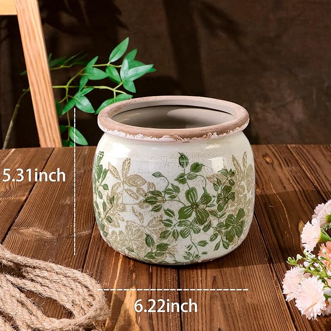 Vintage Ceramic Ice Crack Flower Pot with Drainage Holes, Country Rustic Planters for Indoor and Outdoor,Tuscan Decor,Home,Living Room, Garden Decor, Gardening Gift (Classic)