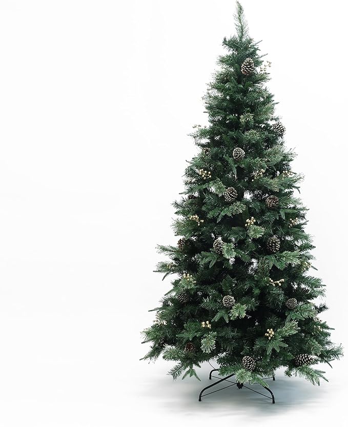 LuxenHome 7.5FT Prelit Christmas Tree with Lights, Slim Artificial Christmas Tree with 350 LED Lights and Pine Cone, 1247 PE+PVC Branch Tips, Plug-in Prelit Pine Tree Indoor, Outdoor Holiday Décor