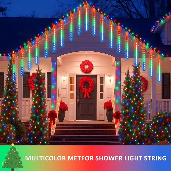 2-Pack Extendable Meteor Shower Christmas Lights Outdoor, 16 Tubes 384 LEDs Waterproof Falling Rain String Light, Christmas String Lights Outdoor for Tree Garden Patio Holiday Decorations (Multicolor)