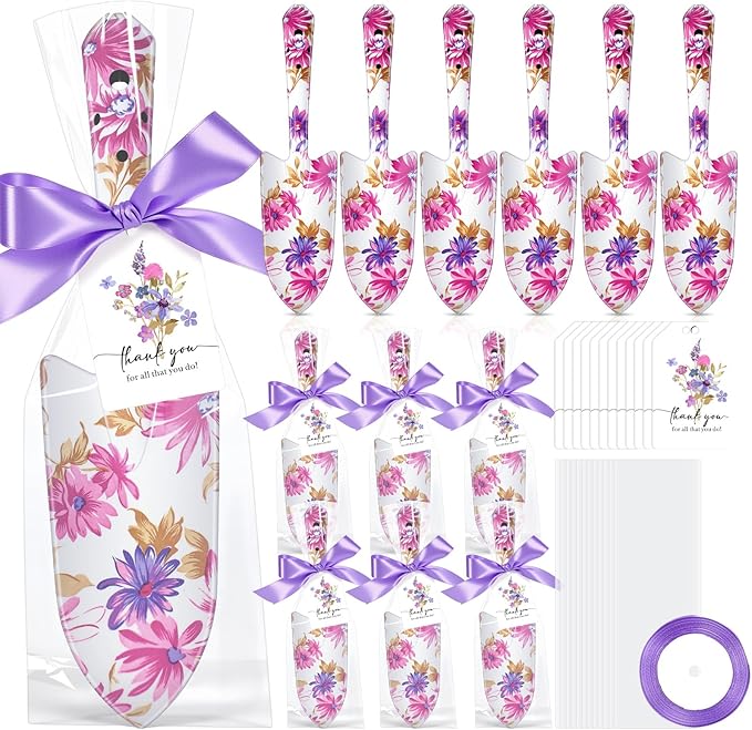 Capoda 12 Sets Floral Garden Shovels Bulk Gardening Gift for Women Mini Garden Tools Heavy Duty Floral Hand Trowels Thank You Cards with Gift Bags for Mom Birthday Teacher Employee(Purple,Elegant)