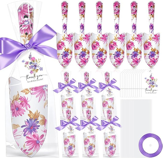 Capoda 12 Sets Floral Garden Shovels Bulk Gardening Gift for Women Mini Garden Tools Heavy Duty Floral Hand Trowels Thank You Cards with Gift Bags for Mom Birthday Teacher Employee(Purple,Elegant)