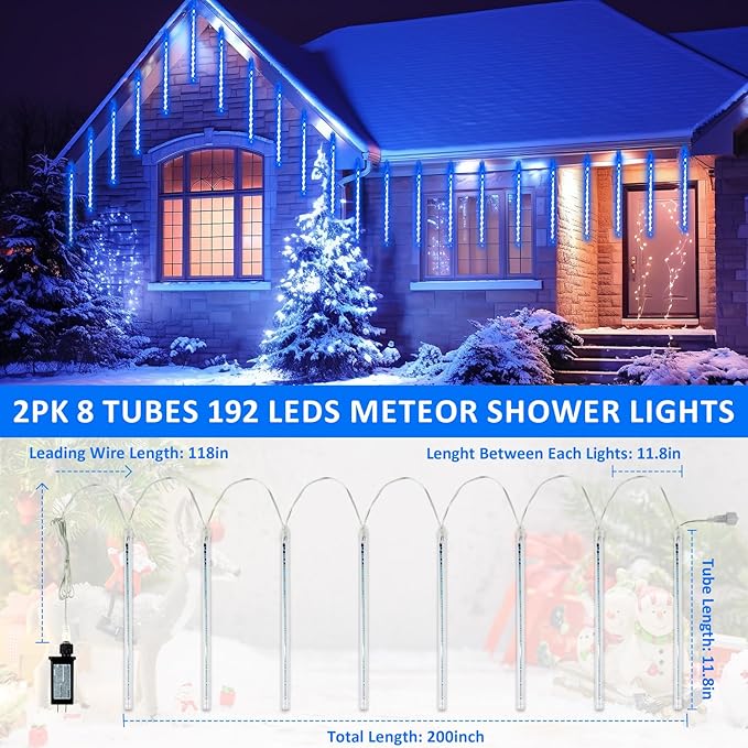 2-Pack Extendable Meteor Shower Christmas Lights Outdoor, 16 Tubes 384 LEDs Waterproof Falling Rain String Lights, Christmas String Lights Outdoor for Tree Garden Patio Holiday Decorations (Blue)